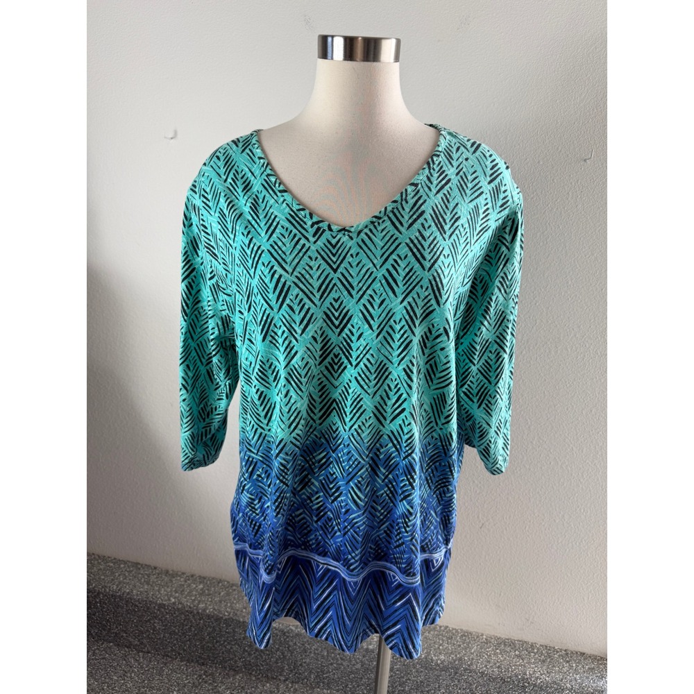 Ulla Popken Womens Plus 16/18 Teal Blue Cotton Knit 3/4 Sleeve Tunic Top